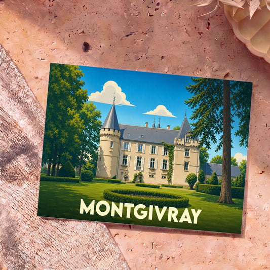 Carte postale souvenir de la ville de Montgivray illustrant son château dans un style graphique épuré.