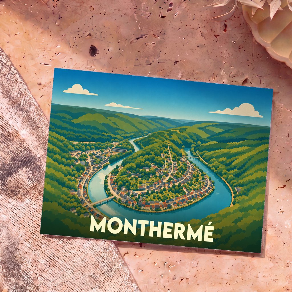 Carte postale souvenir de la ville de Monthermé illustrant la boucle de la Meuse dans un style graphique épuré.