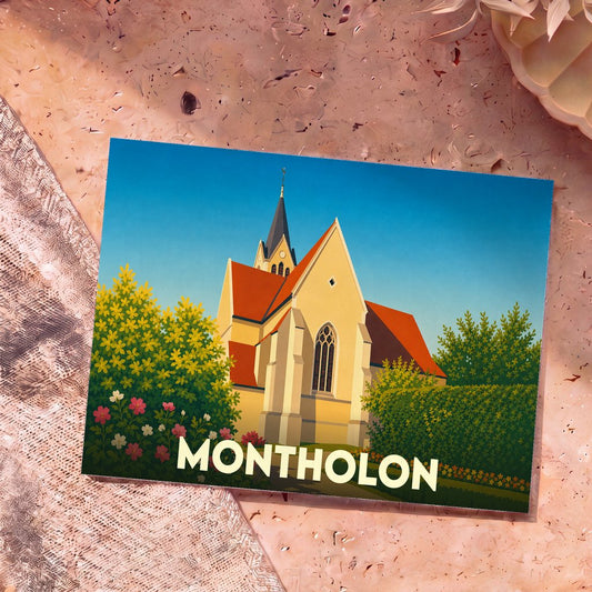 Carte postale souvenir de la ville de Montholon avec une illustration stylisée de son église.