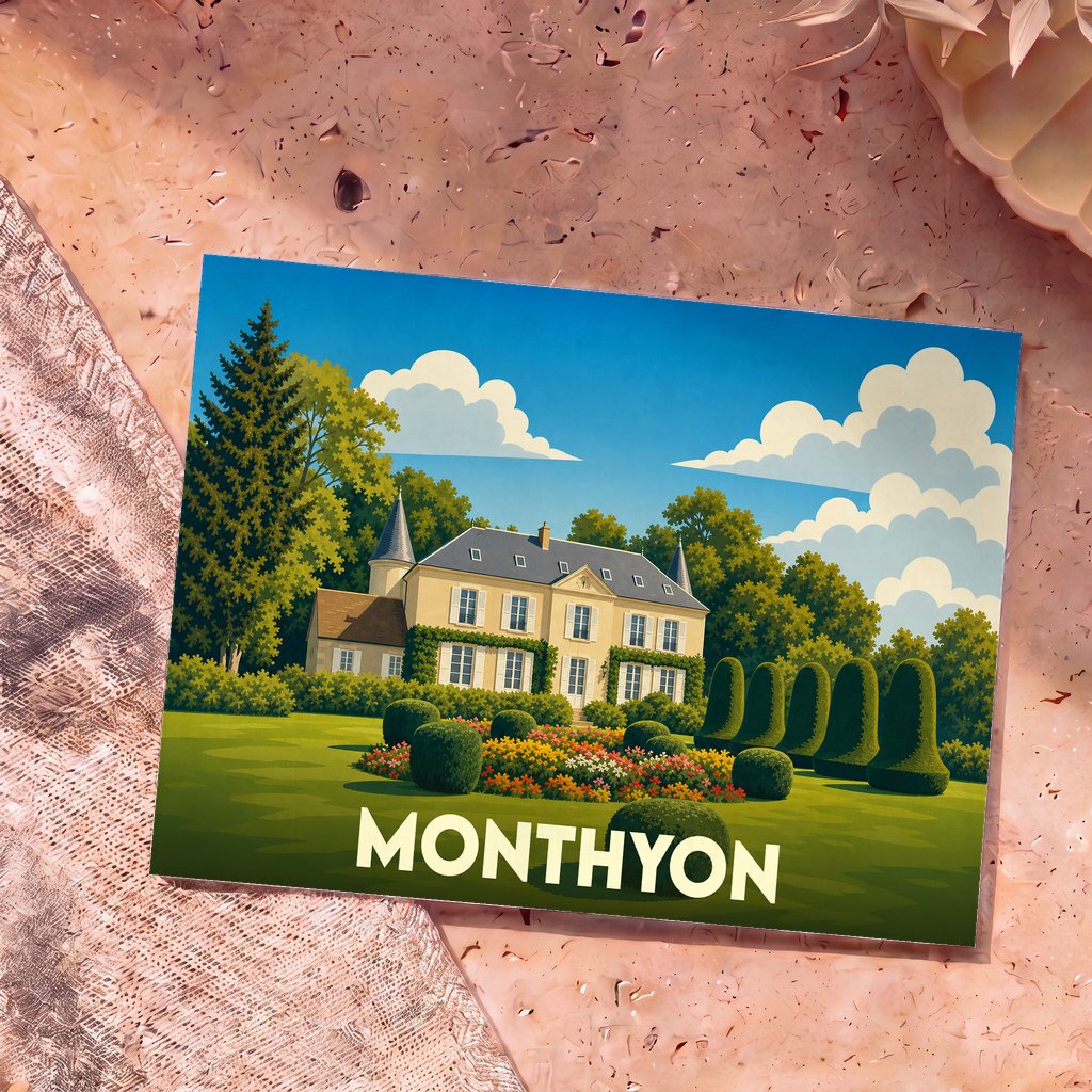 Carte postale souvenir de la ville de Monthyon illustrant un château entouré de jardins à la française.