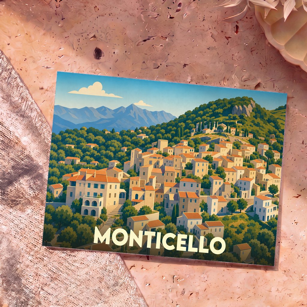 Carte postale souvenir de la ville de Monticello avec une illustration stylisée.