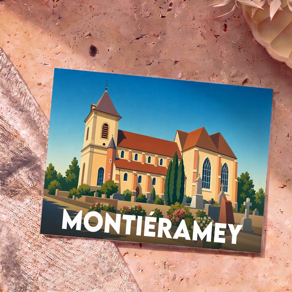 Carte postale souvenir de la ville de Montiéramey avec une illustration stylisée de son église et de son cimetière.