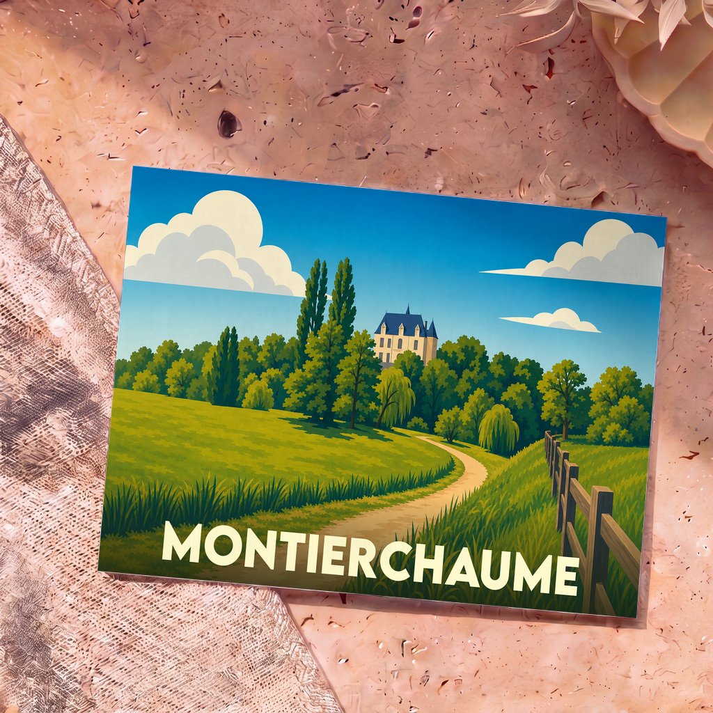 Carte postale souvenir de la ville de Montierchaume avec une illustration stylisée d'un château entouré de verdure.