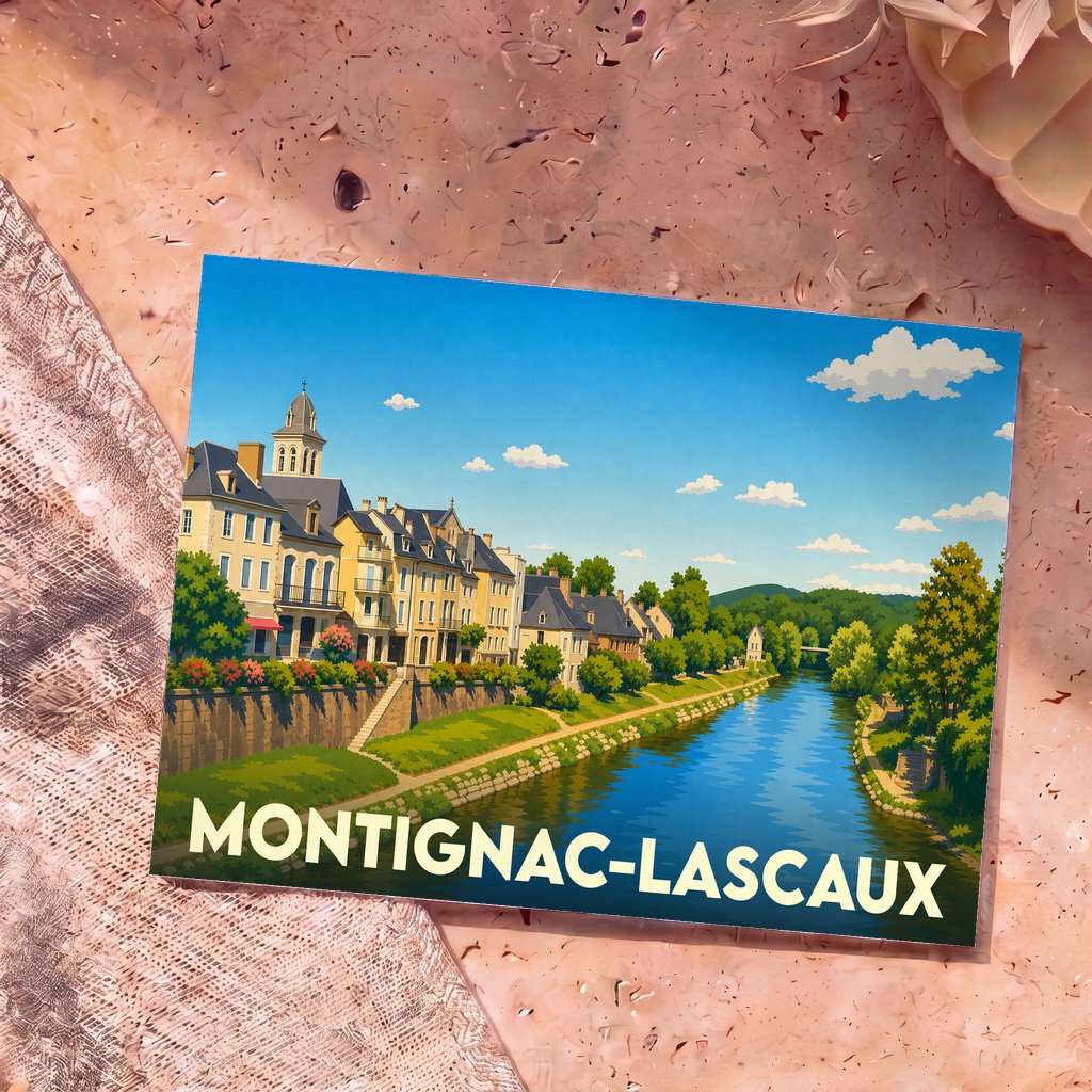 Carte postale souvenir de la ville de Montignac-Lascaux avec une illustration stylisée des bords de la Vézère.