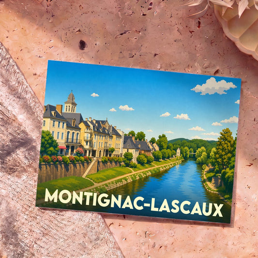 Carte postale souvenir de la ville de Montignac-Lascaux avec une illustration stylisée des bords de la Vézère.