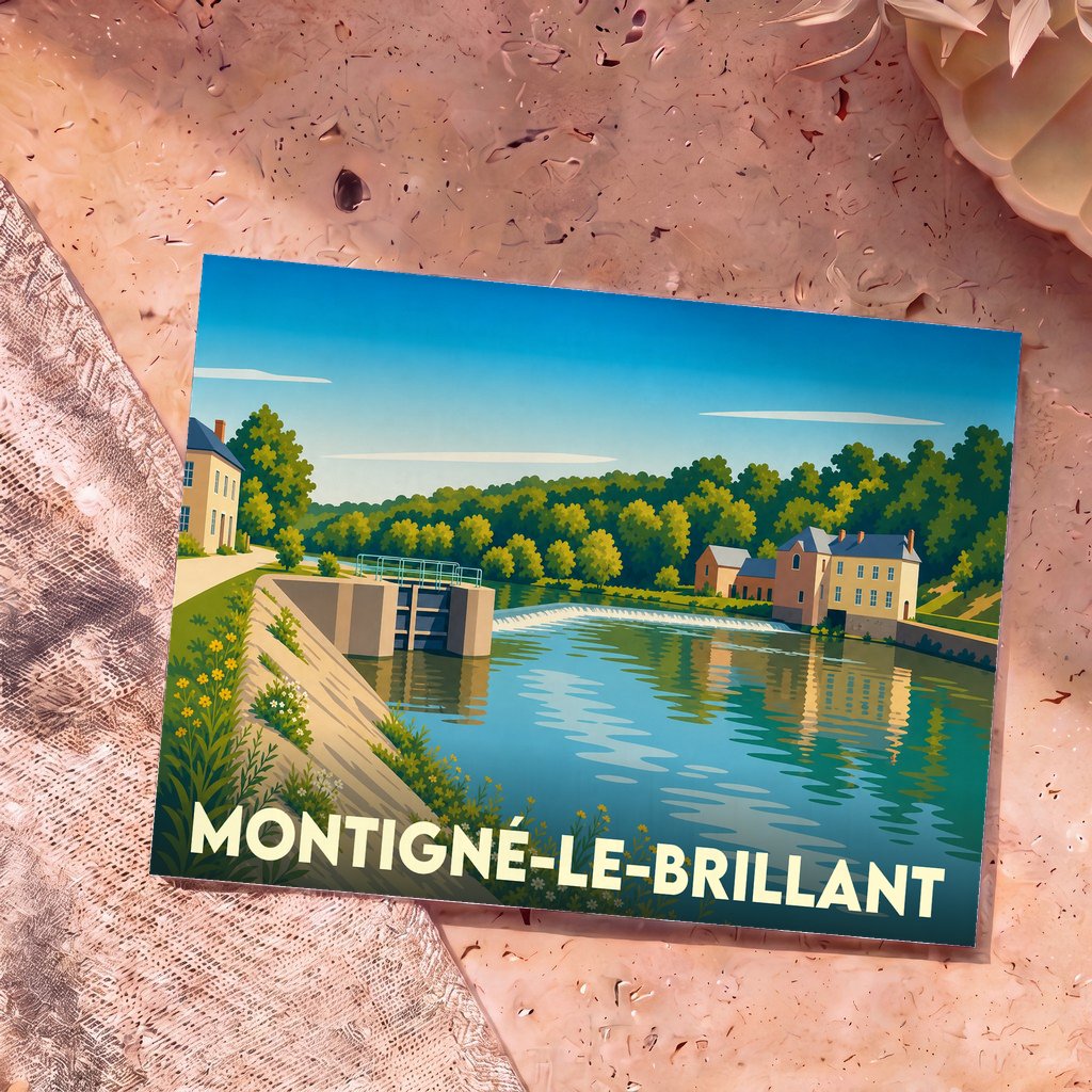 Carte postale souvenir de la ville de Montigné-le-Brillant avec une illustration stylisée d'un moulin au bord de l'eau.
