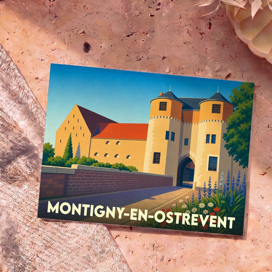 Carte postale souvenir de la ville de Montigny-en-Ostrevent illustrant son château dans un style épuré et coloré.