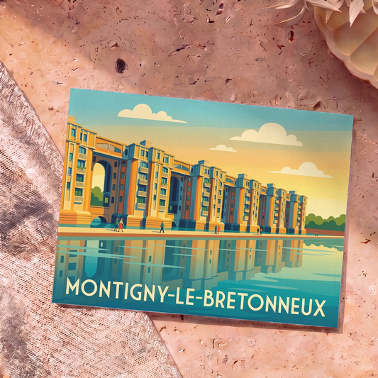 Carte postale souvenir de la ville de Montigny-le-Bretonneux illustrant ses célèbres arcades au bord de l'eau.