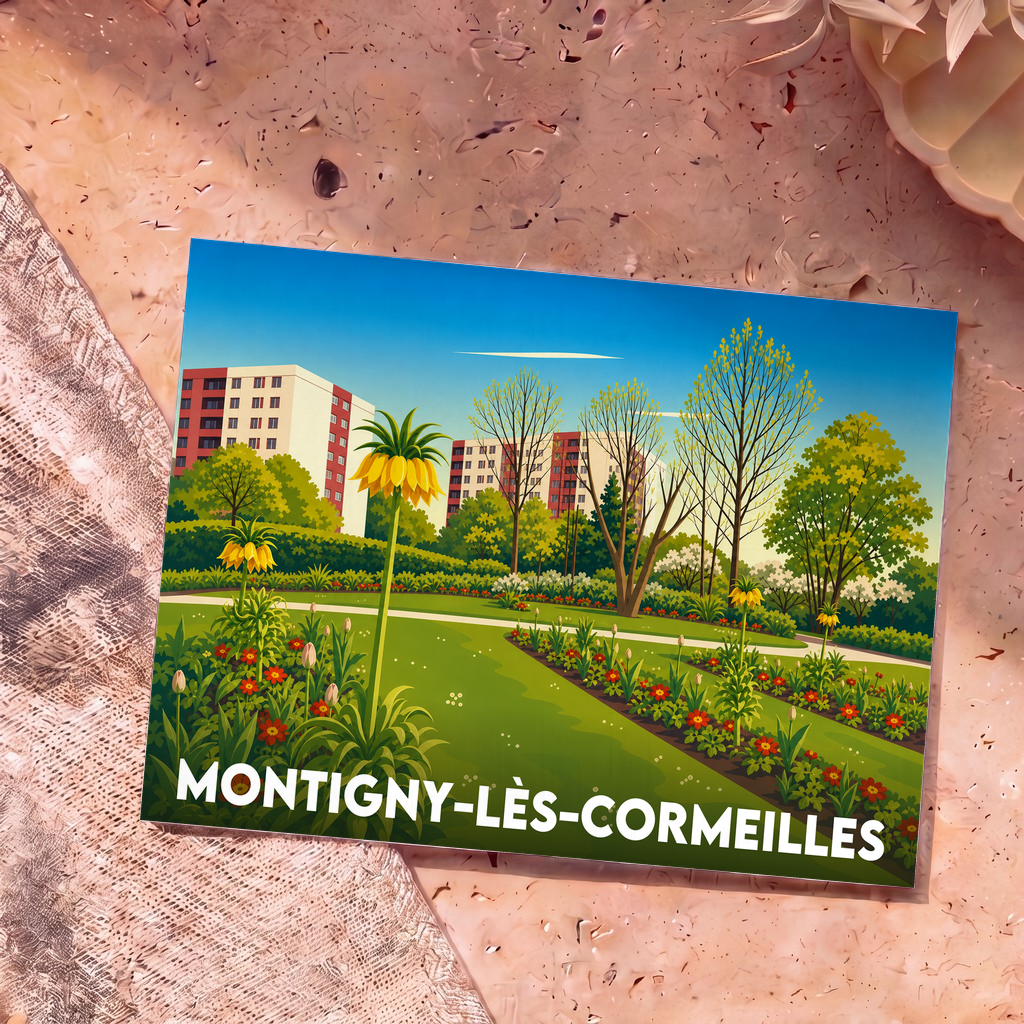 Carte postale souvenir de la ville de Montigny-lès-Cormeilles avec une illustration stylisée de ses parcs et immeubles.