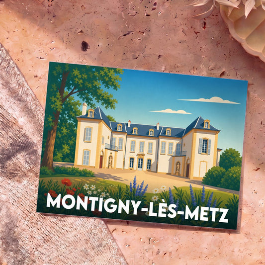 Carte postale souvenir de la ville de Montigny-lès-Metz avec une illustration stylisée d'un château.