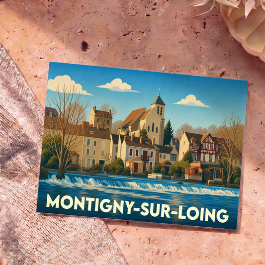 Carte postale souvenir de la ville de Montigny-sur-Loing avec une illustration stylisée des bords du Loing.