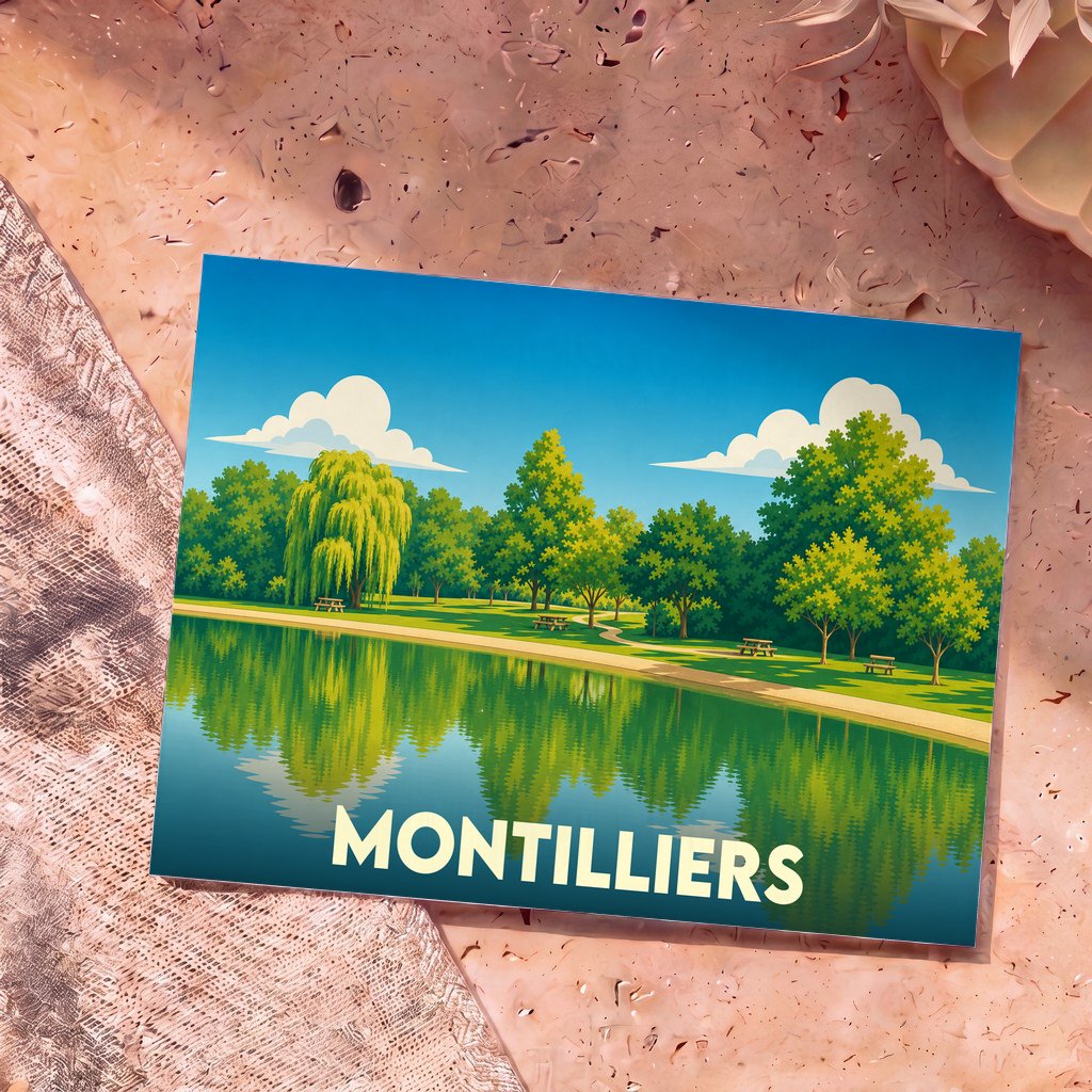 Carte postale souvenir de la ville de Montilliers illustrant un parc arboré au bord d'un étang dans un style graphique épuré.