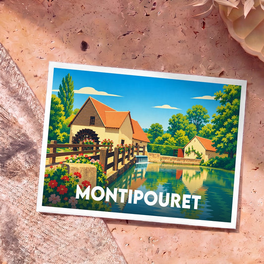 Carte postale souvenir de la ville de Montipouret avec une illustration stylisée d'un moulin au bord de l'eau.