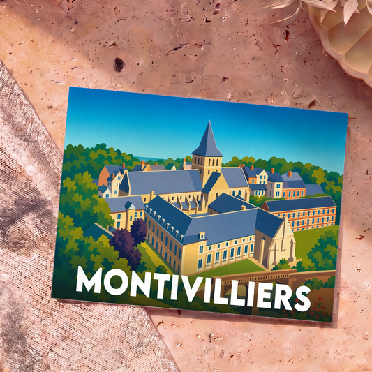 Carte postale souvenir de la ville de Montivilliers illustrant son abbaye dans un style graphique épuré.