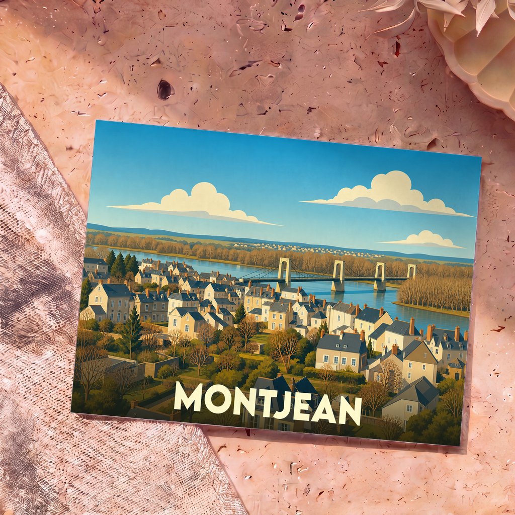 Carte postale souvenir de la ville de Montjean avec une illustration stylisée d'un paysage fluvial et de son pont.