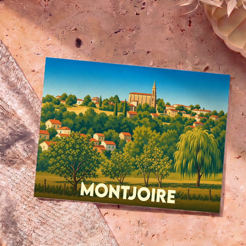 Carte postale souvenir de la ville de Montjoire avec une illustration stylisée et colorée de son paysage vallonné.