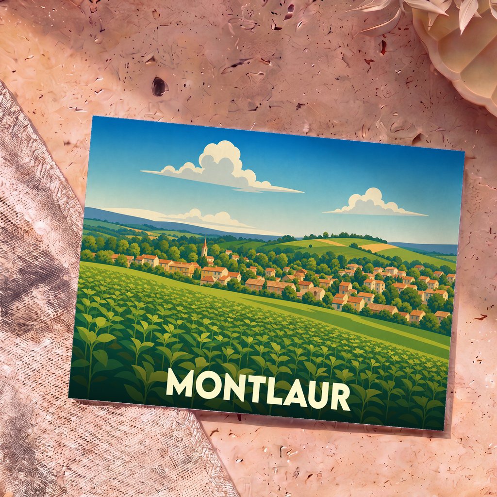 Carte postale souvenir de la ville de Montlaur avec une illustration stylisée d'un village et de champs.