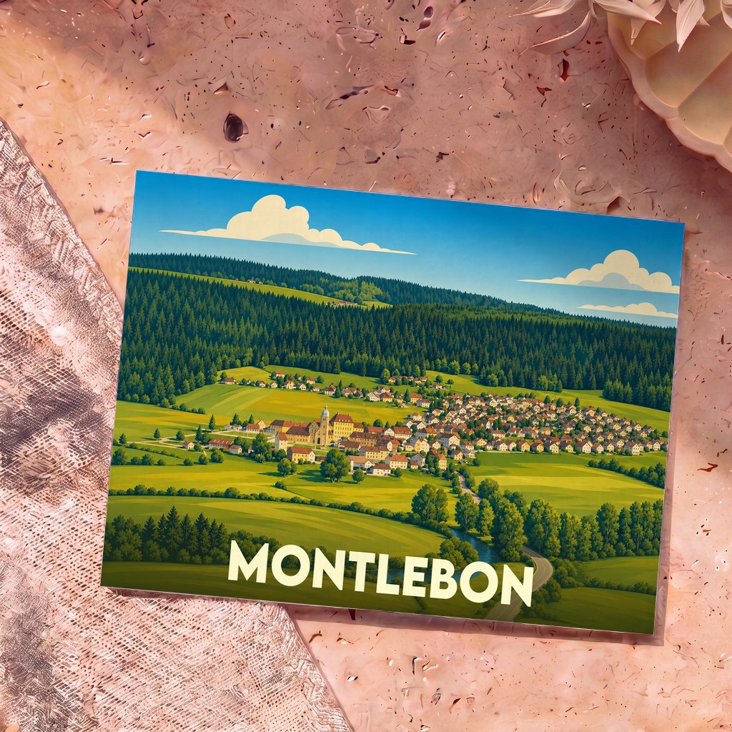 Carte postale souvenir de la ville de Montlebon avec une illustration stylisée de son paysage vallonné.