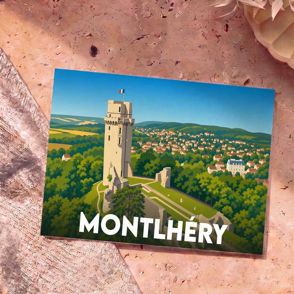 Carte postale souvenir de la ville de Montlhéry avec une illustration stylisée de sa tour médiévale.