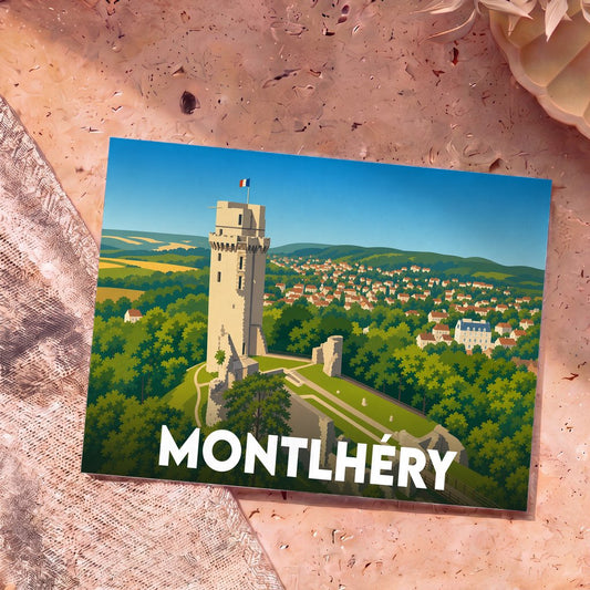Carte postale souvenir de la ville de Montlhéry avec une illustration stylisée de sa tour médiévale.