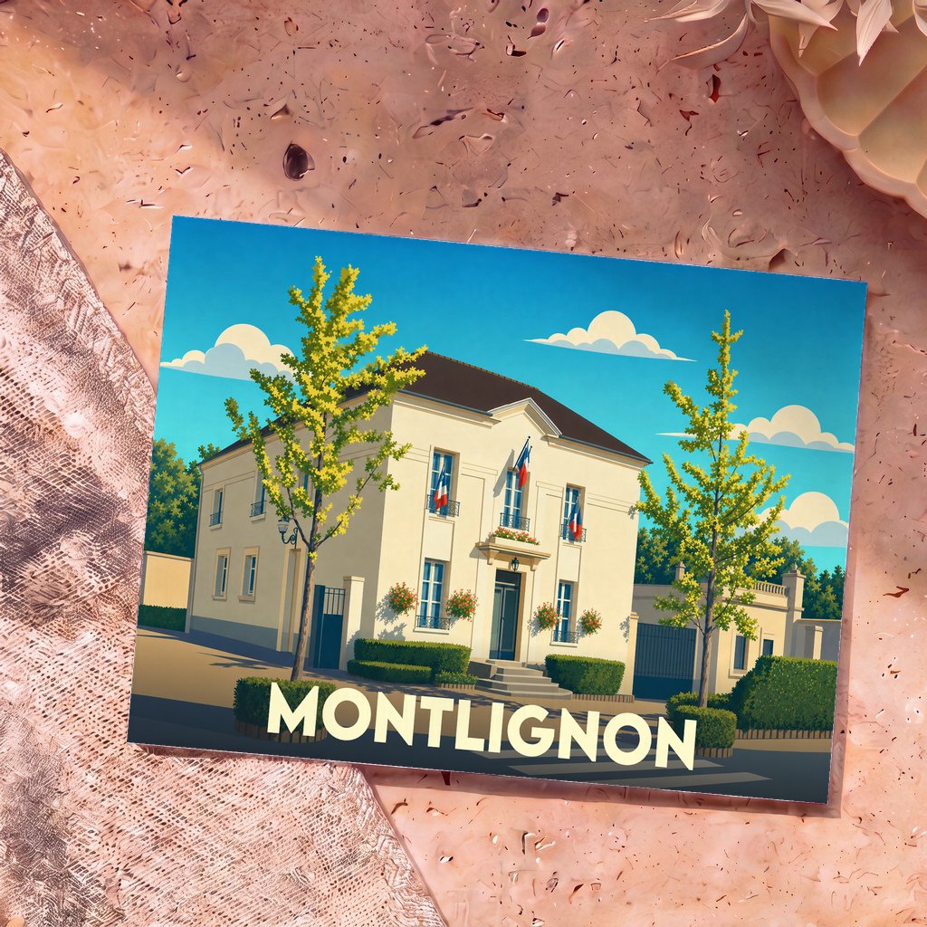Carte postale souvenir de la ville de Montlignon avec une illustration stylisée de sa mairie fleurie.