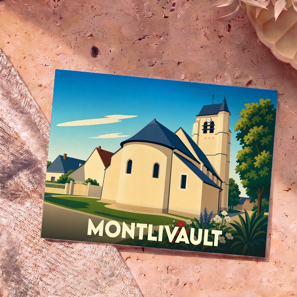 Carte postale souvenir de la ville de Montlivault illustrant son église dans un style graphique épuré.