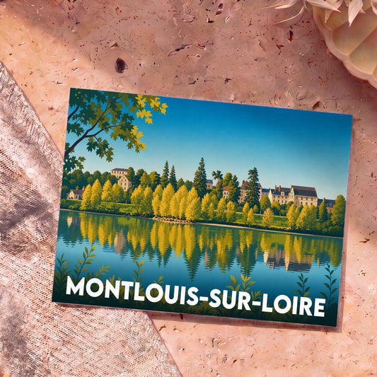 Carte postale souvenir de Montlouis-sur-Loire illustrant les bords de Loire dans un style graphique épuré.