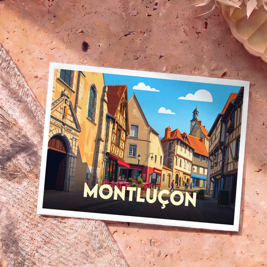 Carte postale souvenir de la ville de Montluçon avec une illustration stylisée de ses rues historiques.