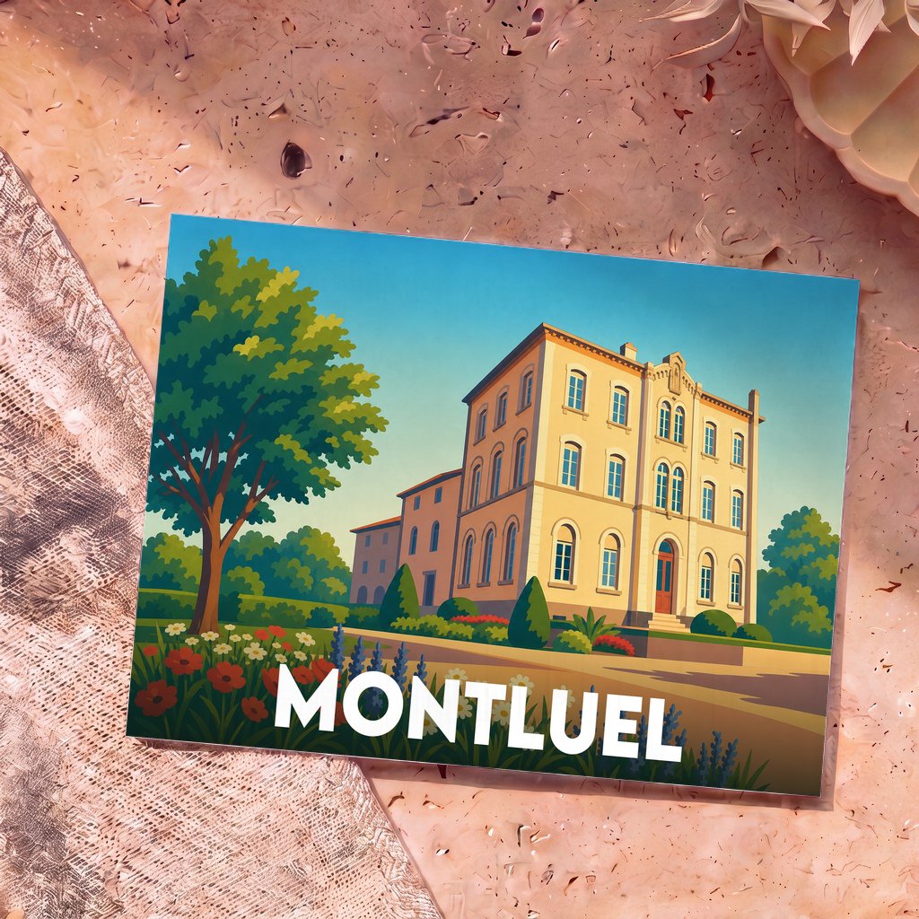 Carte postale souvenir de la ville de Montluel avec une illustration stylisée d'un bâtiment historique et de jardins.