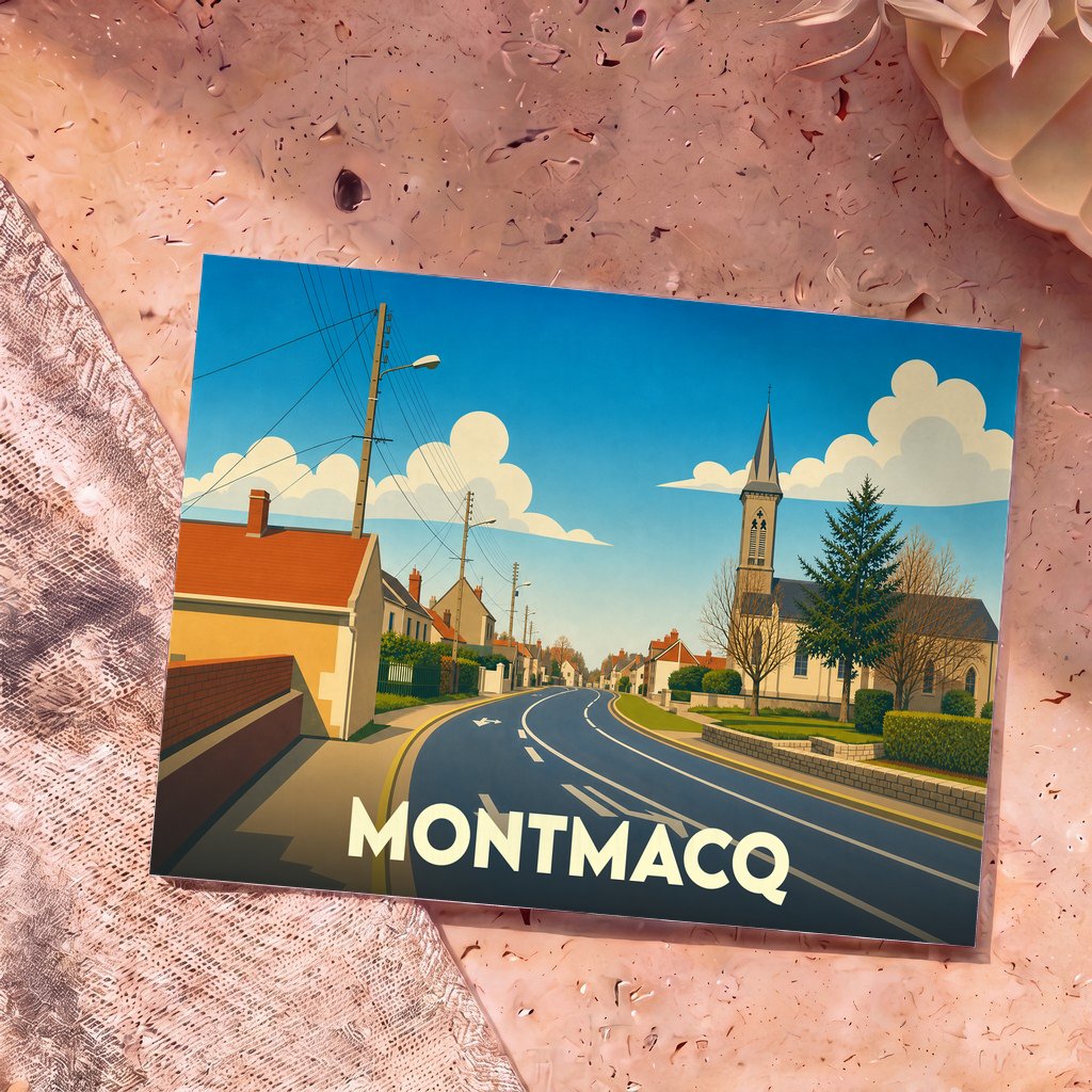 Carte postale souvenir de la ville de Montmacq avec une illustration stylisée montrant l'église et les rues du village.