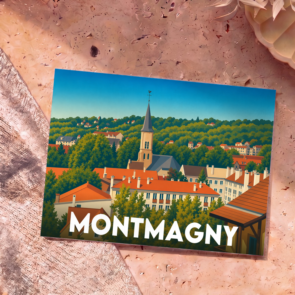 Carte postale souvenir de la ville de Montmagny avec une illustration stylisée et colorée de ses toits et de son église.
