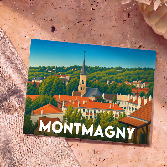 Carte postale souvenir de la ville de Montmagny avec une illustration stylisée et colorée de ses toits et de son église.