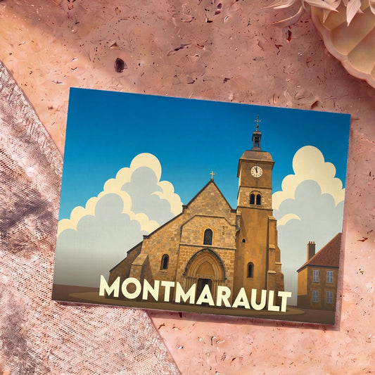 Carte postale souvenir de la ville de Montmarault avec une illustration stylisée de son église sous un ciel azur.