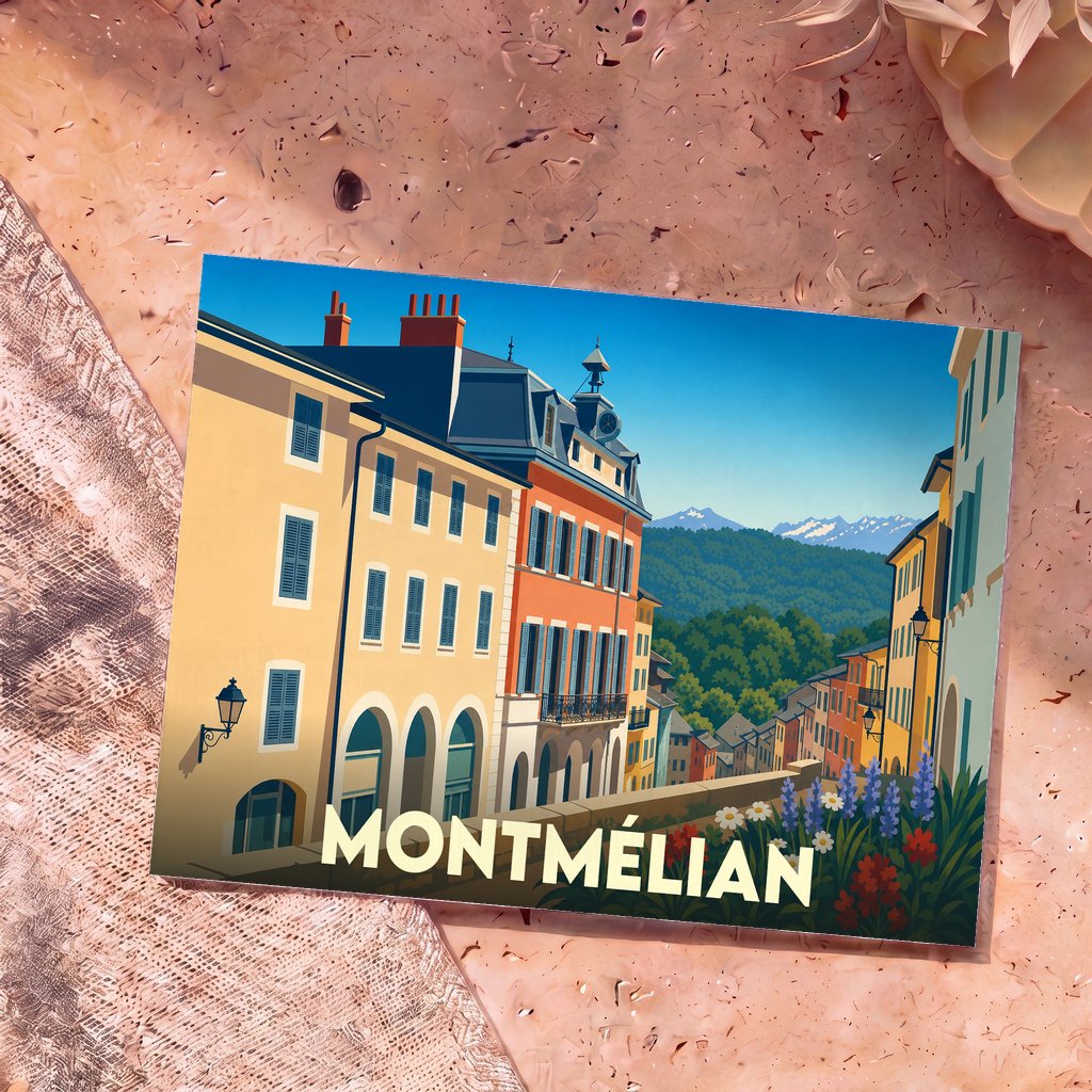 Carte postale souvenir de la ville de Montmélian avec une illustration colorée et stylisée de ses rues et montagnes.