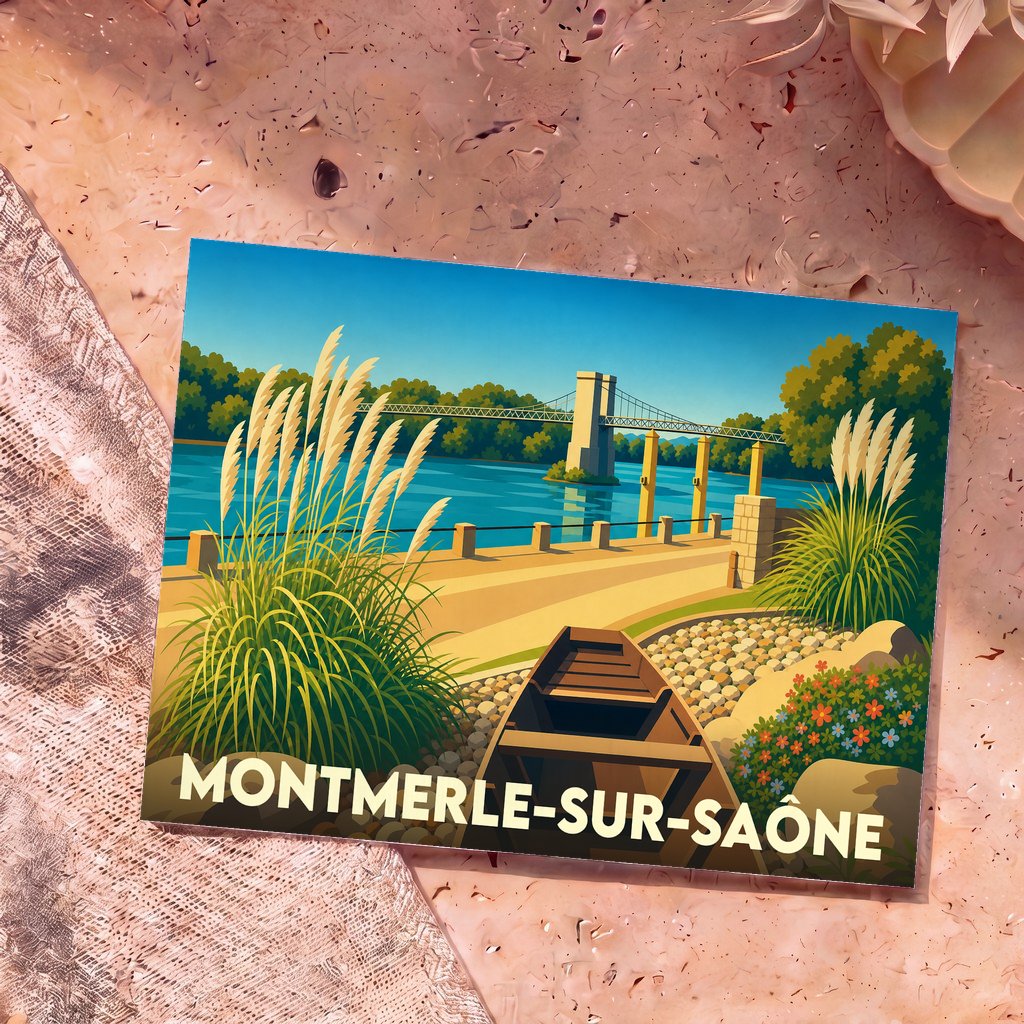 Carte postale souvenir de la ville de Montmerle-sur-Saône avec une illustration stylisée des bords de Saône.