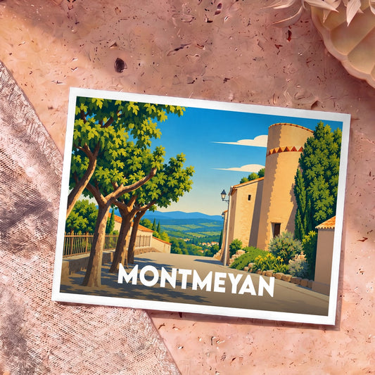 Carte postale souvenir de la ville de Montmeyan avec une illustration stylisée d'un village provençal.