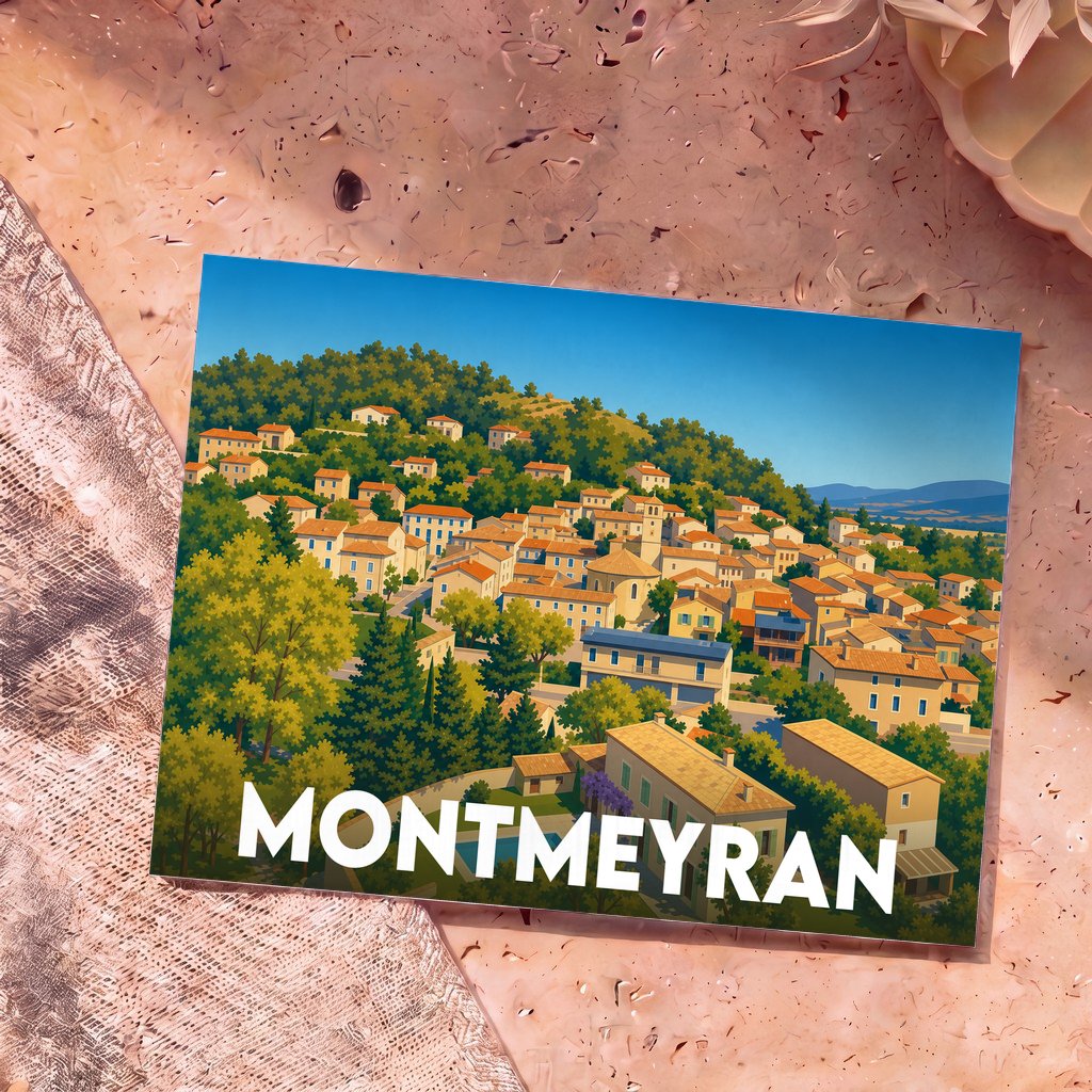 Carte postale souvenir de la ville de Montmeyran avec une illustration stylisée.