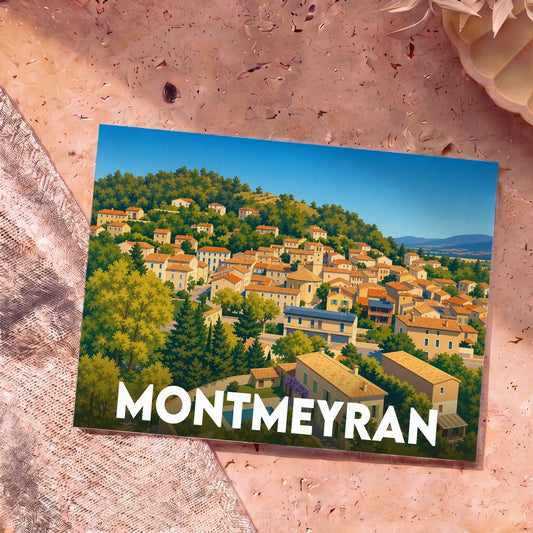Carte postale souvenir de la ville de Montmeyran avec une illustration stylisée.