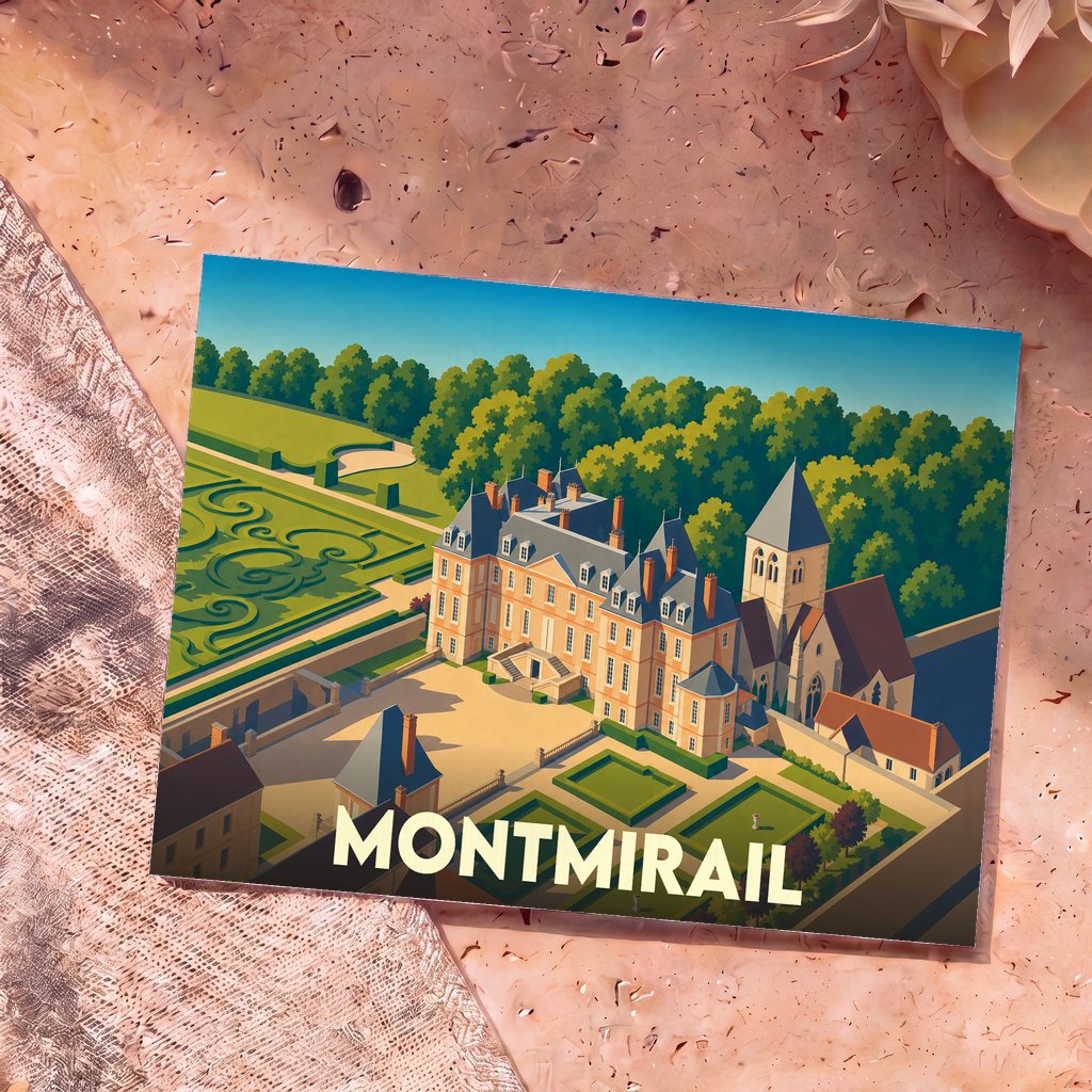 Carte postale souvenir de la ville de Montmirail avec une illustration stylisée de son château et de ses jardins.