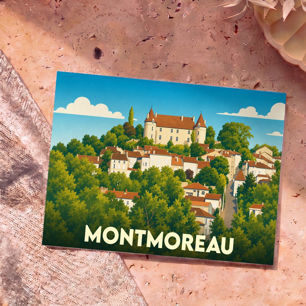 Carte postale souvenir de la ville de Montmoreau avec une illustration stylisée de son château et de ses maisons nichés dans la verdure.