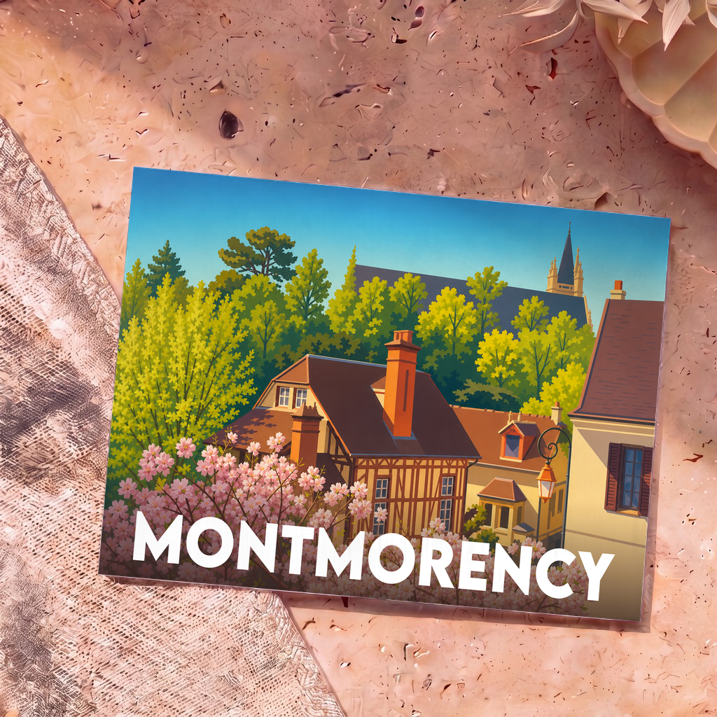 Carte postale souvenir de la ville de Montmorency avec une illustration colorée de maisons à colombages et de cerisiers en fleurs.
