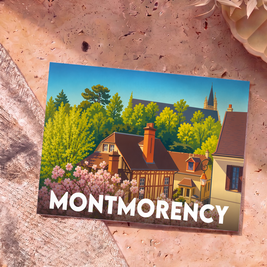 Carte postale souvenir de la ville de Montmorency avec une illustration colorée de maisons à colombages et de cerisiers en fleurs.