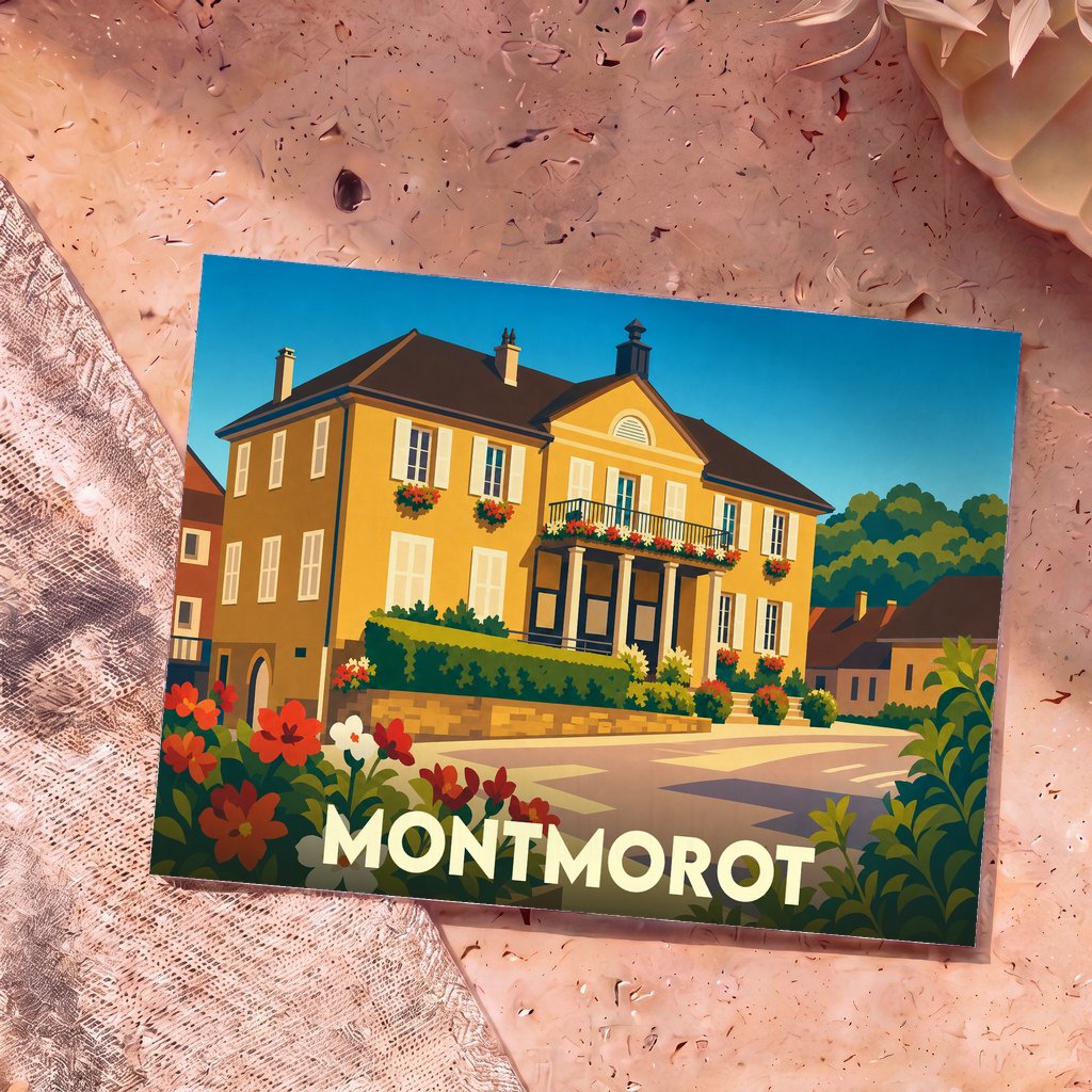 Carte postale souvenir de la ville de Montmorot avec une illustration stylisée d'un bâtiment remarquable.
