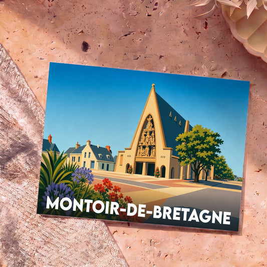 Carte postale souvenir de la ville de Montoir-de-Bretagne avec une illustration stylisée de son église moderne.