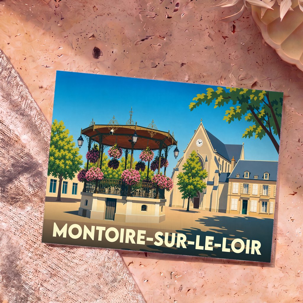 Carte postale souvenir de Montoire-sur-le-Loir avec une illustration stylisée de son kiosque à musique et de son église.