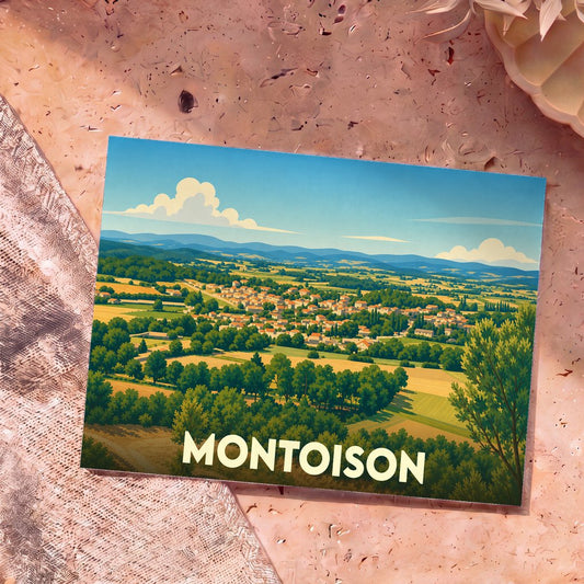 Carte postale souvenir de la ville de Montoison avec une illustration stylisée de son paysage vallonné.