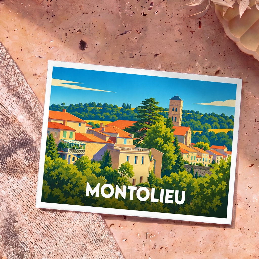 Carte postale souvenir de la ville de Montolieu avec une illustration colorée et stylisée de ses toits et de son clocher.