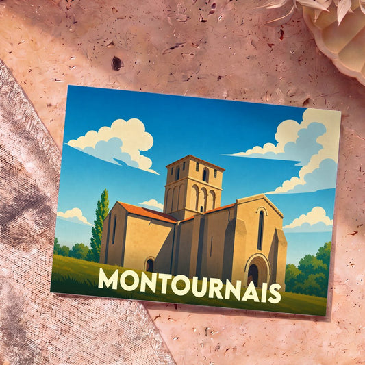 Carte postale souvenir de la ville de Montournais avec une illustration stylisée de son église romane.