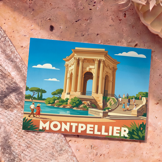 Carte postale souvenir de la ville de Montpellier avec une illustration stylisée du Château d'eau du Peyrou.