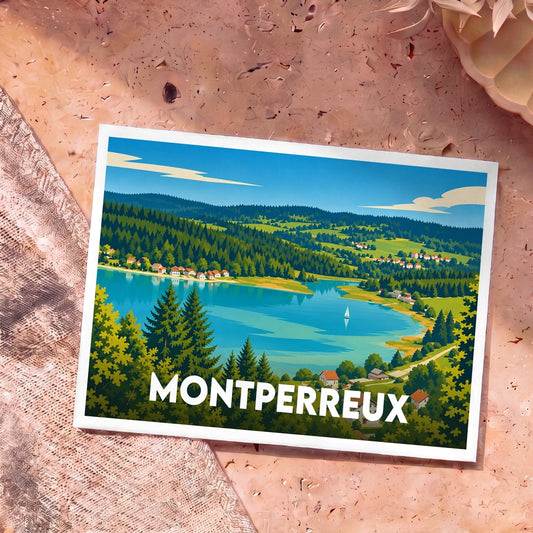 Carte postale souvenir de la ville de Montperreux illustrant un paysage de lac et de montagnes au style vintage.